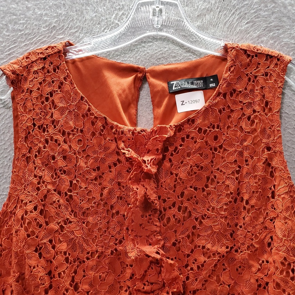 7th Avenue Women Top XL Orange Shirt Floral Crochet Lace Round Neck Keyhole - Picture 2 of 7
